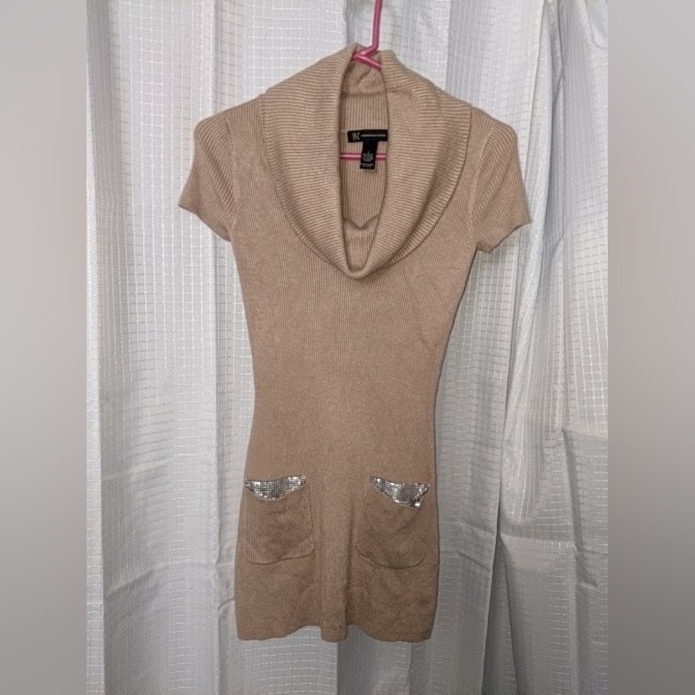 INC International Concepts Beige Cowl Neck Dress with Metallic Details